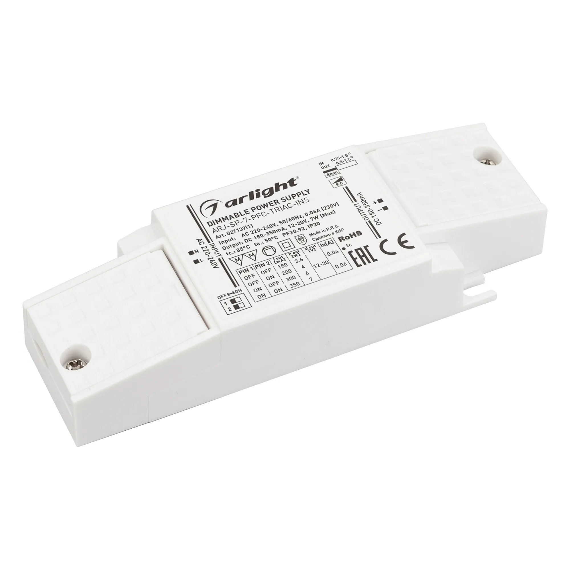 Блок питания ARJ-SP-7-PFC-TRIAC-INS (7W, 12-20V, 0.18-0.35A) (Arlight, IP20 Пластик, 5 лет) - Изображение