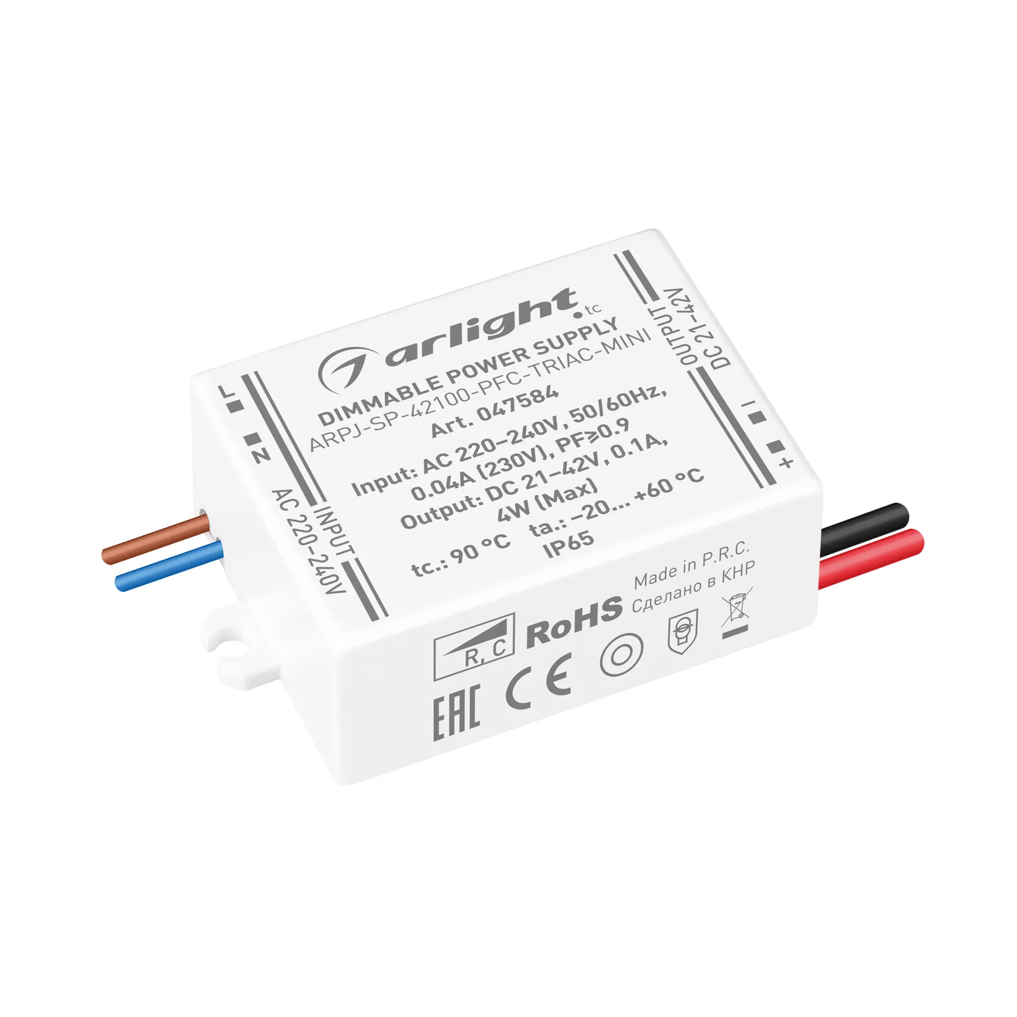 Блок питания ARPJ-SP-42100-PFC-TRIAC-MINI (4W, 21-42V, 100mA) (Arlight, IP65 Пластик, 5 лет) - Изображение
