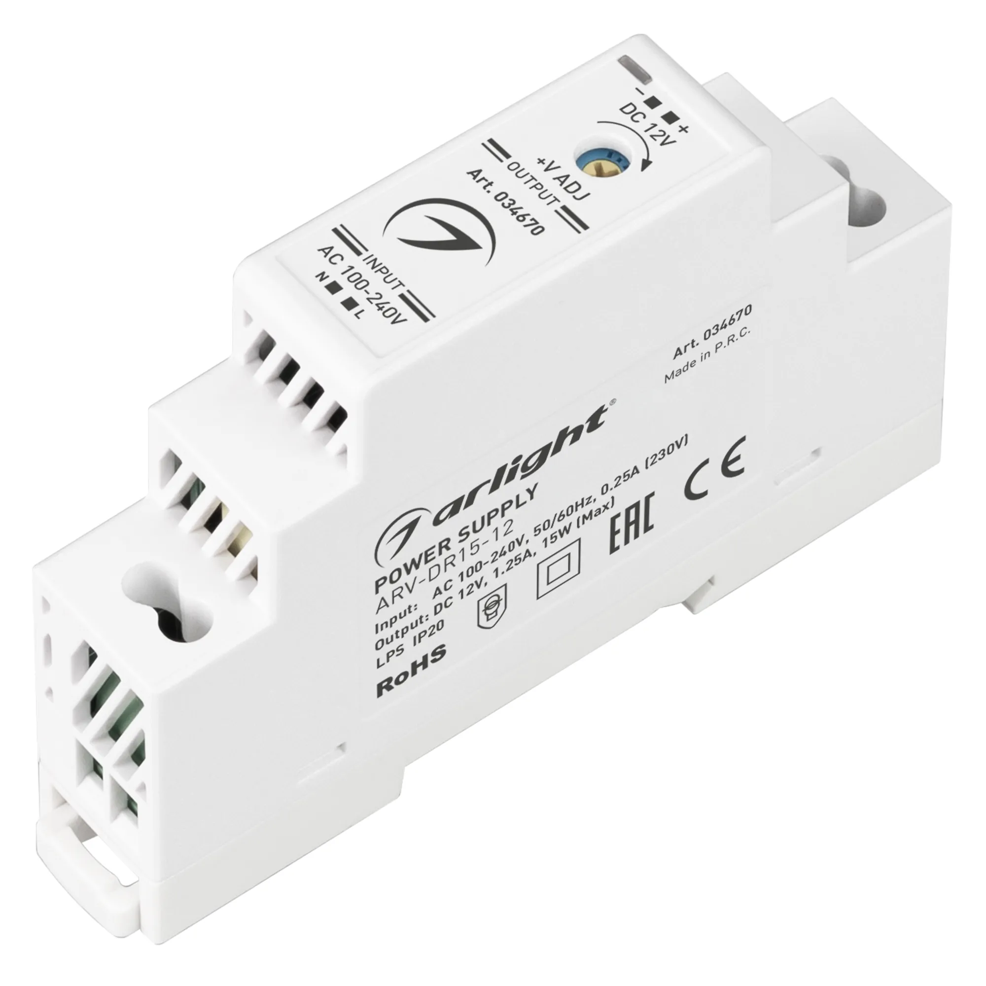 Блок питания ARV-DR15-12 (12V, 1.25A, 15W) (Arlight, IP20 DIN-рейка) - Изображение